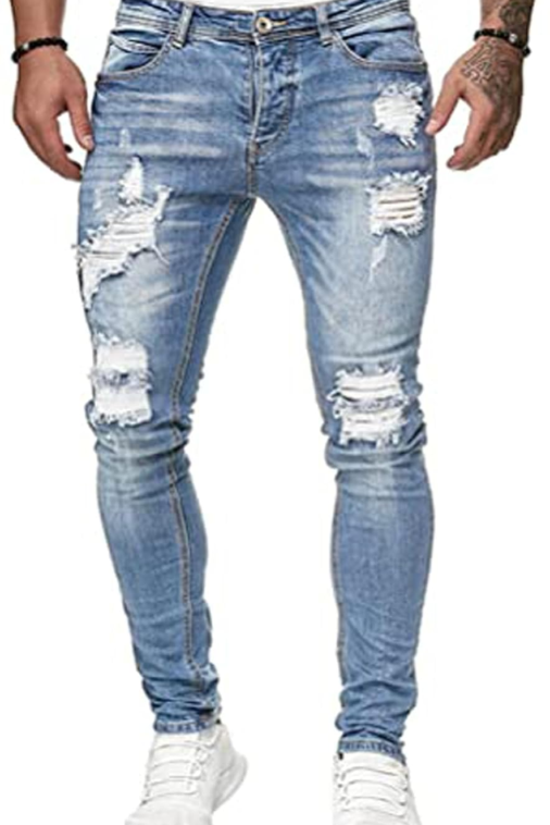 Men'S Blue Slim Fit Jeans Stretch Destroyed Ripped Skinny Jeans Side Striped Denim Pants