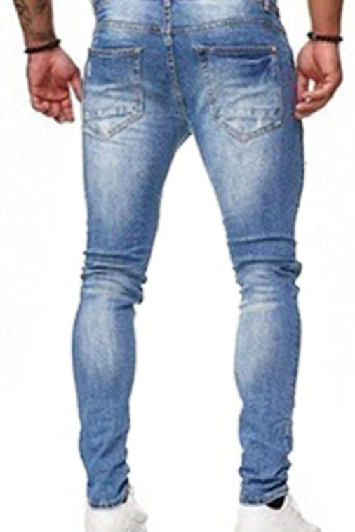 Men'S Blue Slim Fit Jeans Stretch Destroyed Ripped Skinny Jeans Side Striped Denim Pants - Image 4